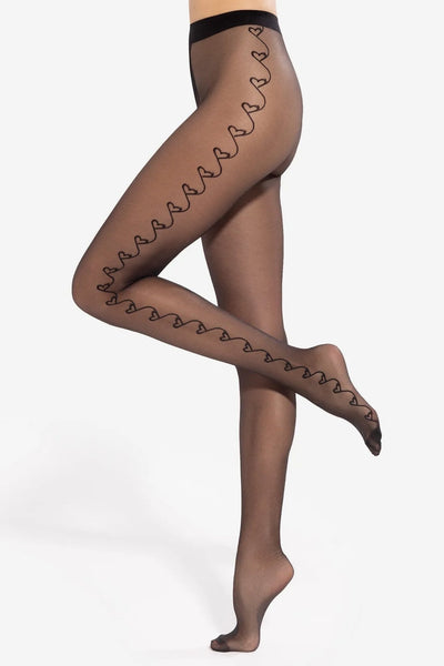 GATTA Lovely Patterned Tights 20 DEN in black with sheer heart design, side profile
