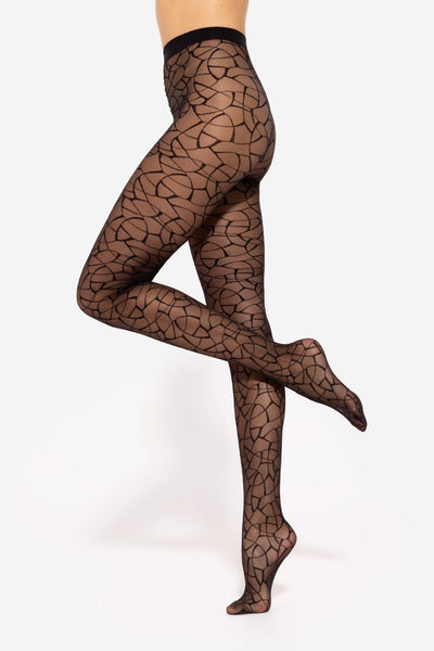GATTA Mosaica 20 DEN Patterned Tights in nero black – styled lifestyle, sheer mosaic design

