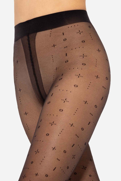 Waistband detail of GATTA Pixi Patterned Tights 20 DEN – sheer black tights with geometric pattern
