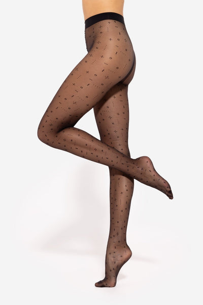 GATTA Pixi Patterned Tights 20 DEN in nero black – sheer geometric cross and dot design, side view
