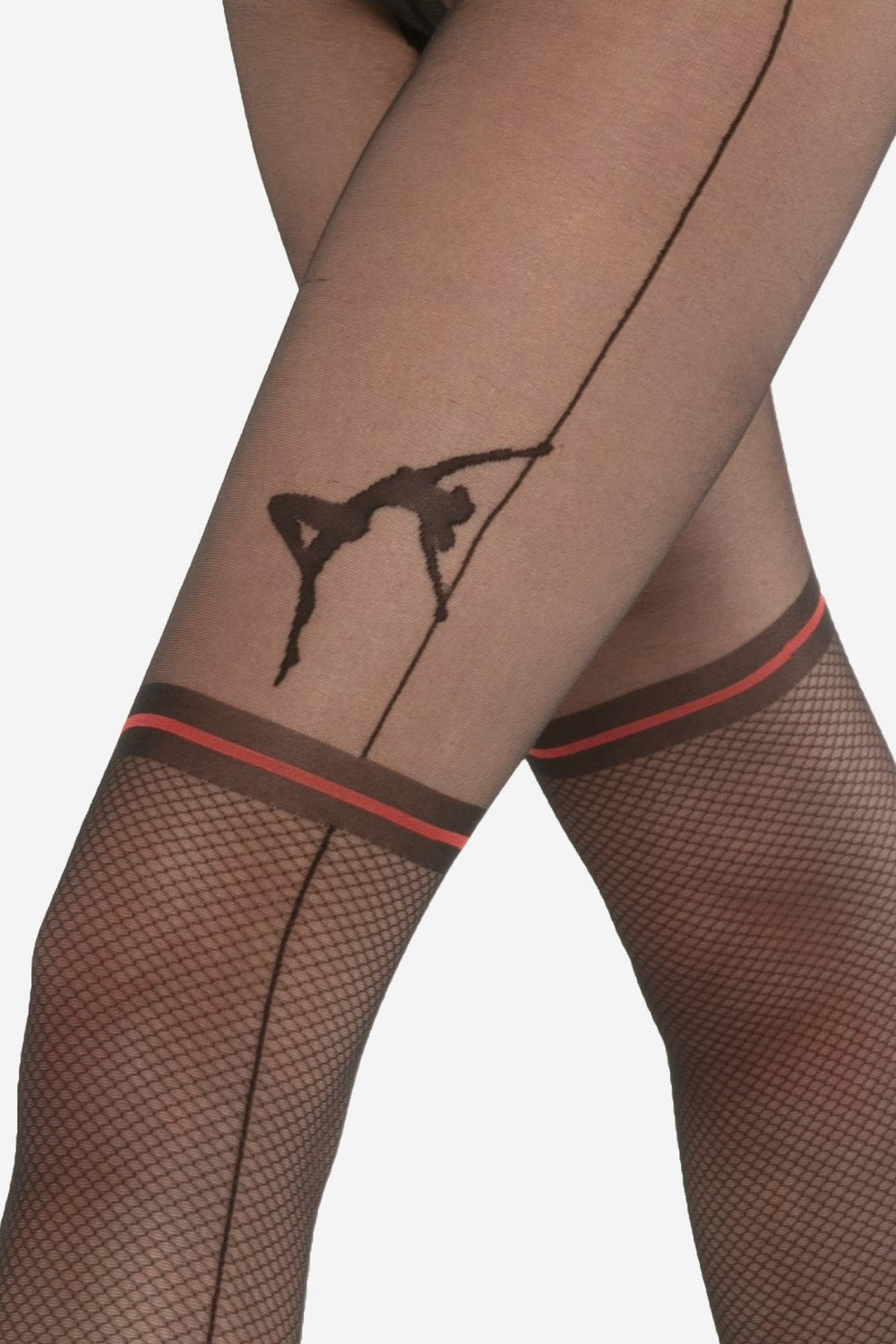 Front close-up of Gatta Rita sheer 20 den black tights featuring red suspender garter effect design