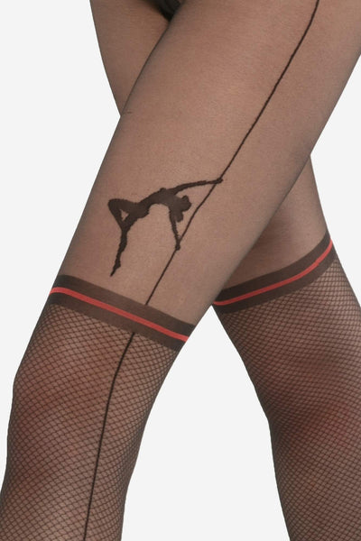 Front close-up of Gatta Rita sheer 20 den black tights featuring red suspender garter effect design