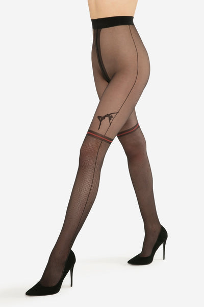 Sheer nero black GATTA Rita Suspender Tights 20 DEN with red accents – front view
