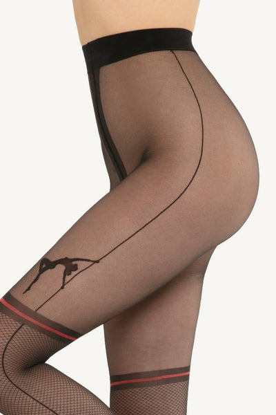 Mesh suspender detail on GATTA Rita Tights 20 DEN – nero black red, side close-up
