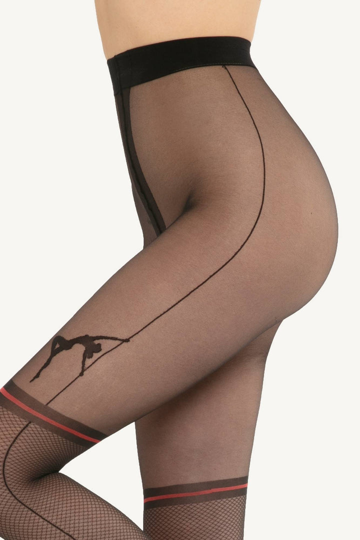 Mesh suspender detail on GATTA Rita Tights 20 DEN – nero black red, side close-up
