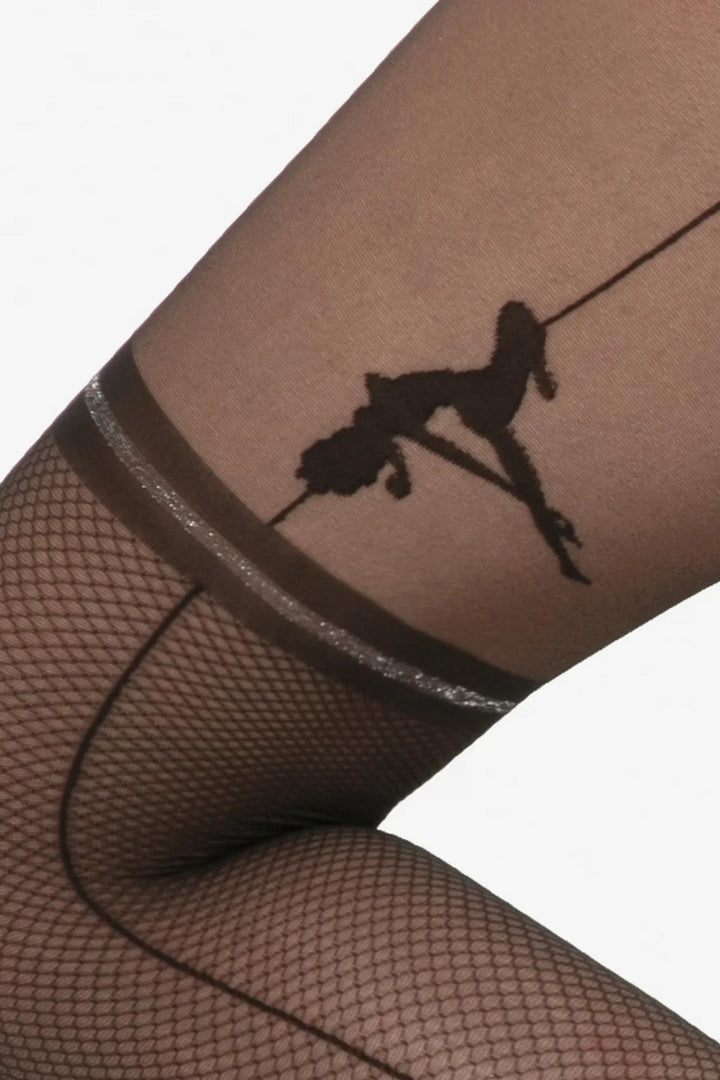 Silver garter belt effect close-up on GATTA Rita 20 DEN sheer black tights, side
