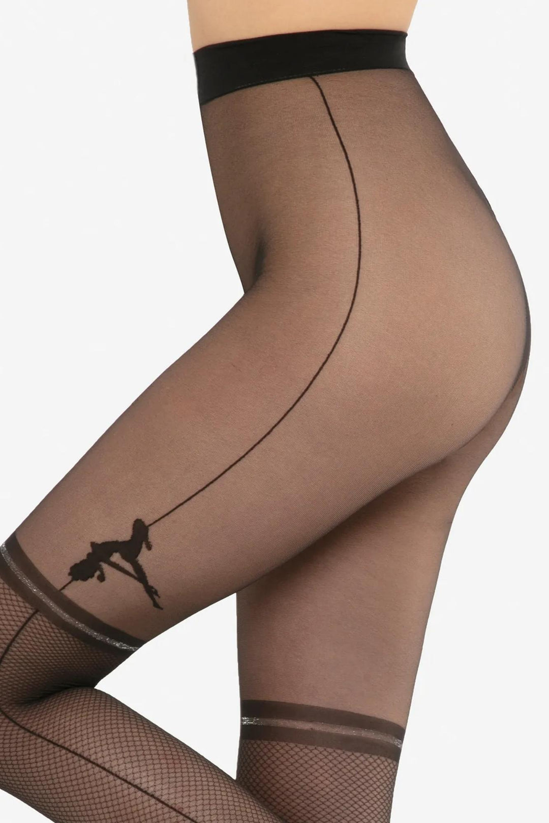 Mesh suspender detail on GATTA Rita Tights 20 DEN – nero black silver, side close-up
