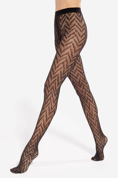 Sheer nero black GATTA Tracy Tights 20 DEN with bold tiger print – front view
