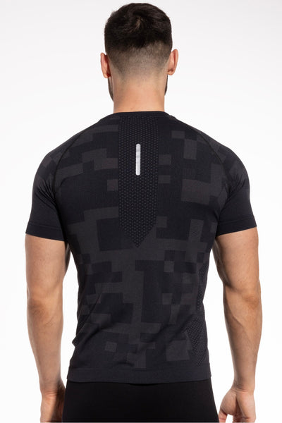Black graphite men's training T-shirt back view, full length
