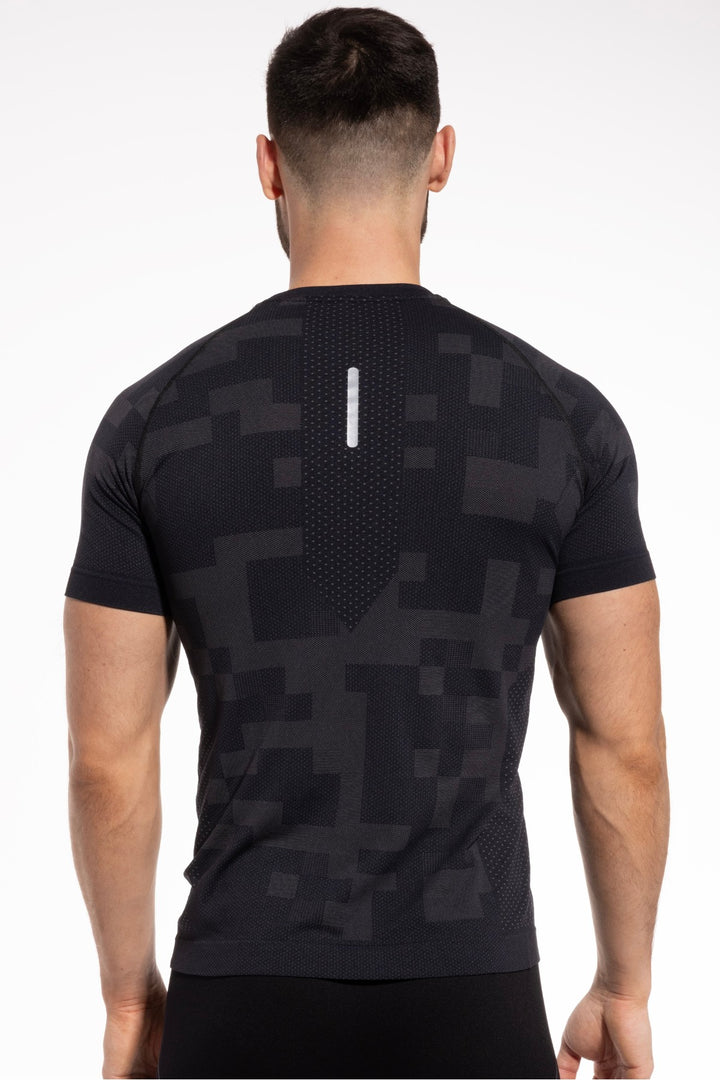 Black graphite men's training T-shirt back view, full length
