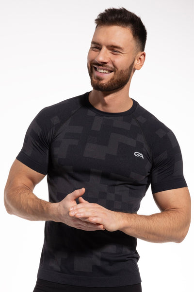 Black graphite quick-dry sports top front view, alternate angle
