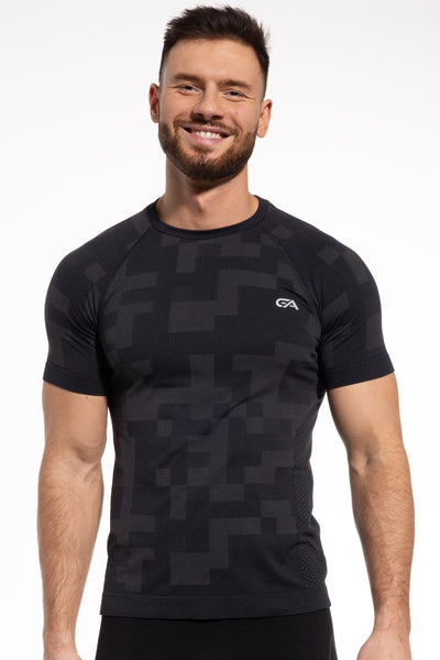 Black graphite activewear T-shirt front view, slim athletic fit
