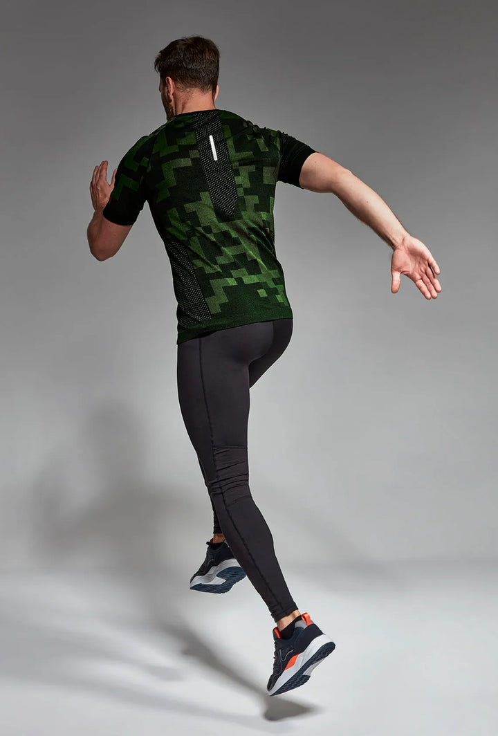 Black green men's activewear T-shirt back view, full length

