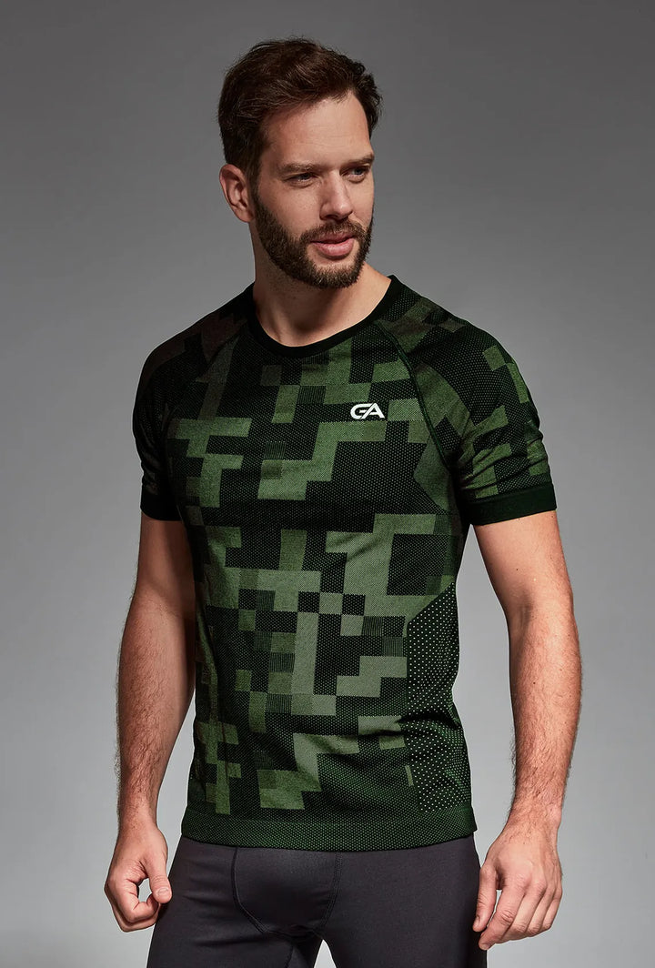 Black green men's sports T-shirt front view, round neckline
