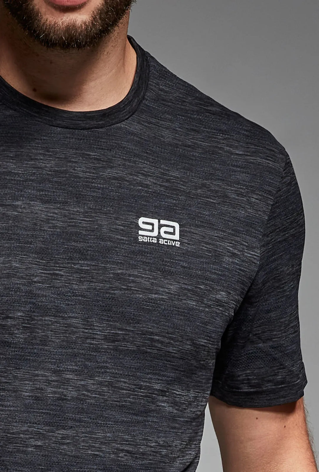 Graphite gym T-shirt front view, alternate angle
