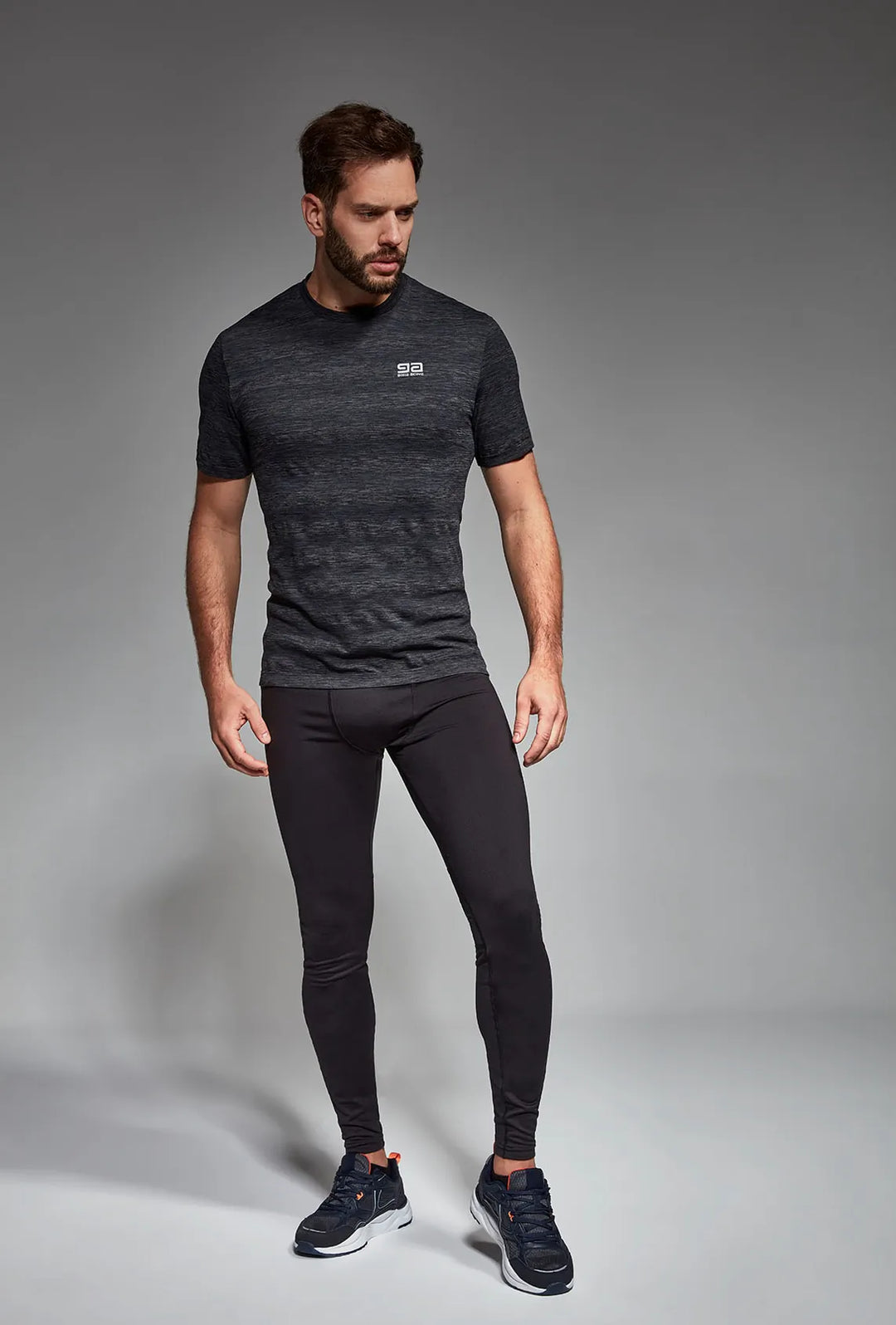 Graphite gym T-shirt front view, alternate angle
