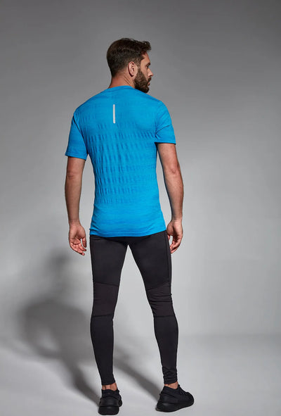 Blue activewear T-shirt back view, full length
