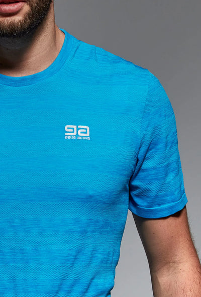 Blue gym T-shirt front view, alternate angle
