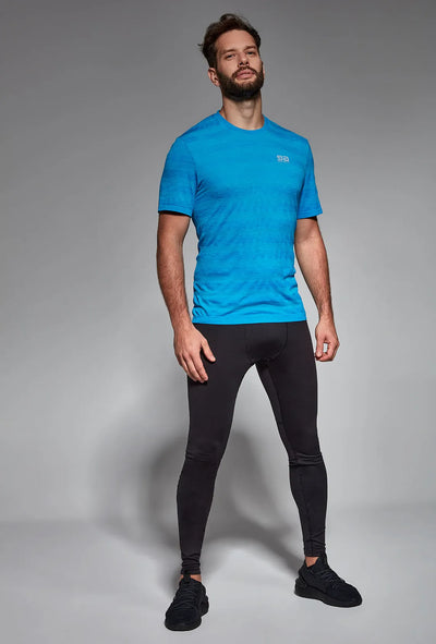 Blue men's sports T-shirt front view, round neckline
