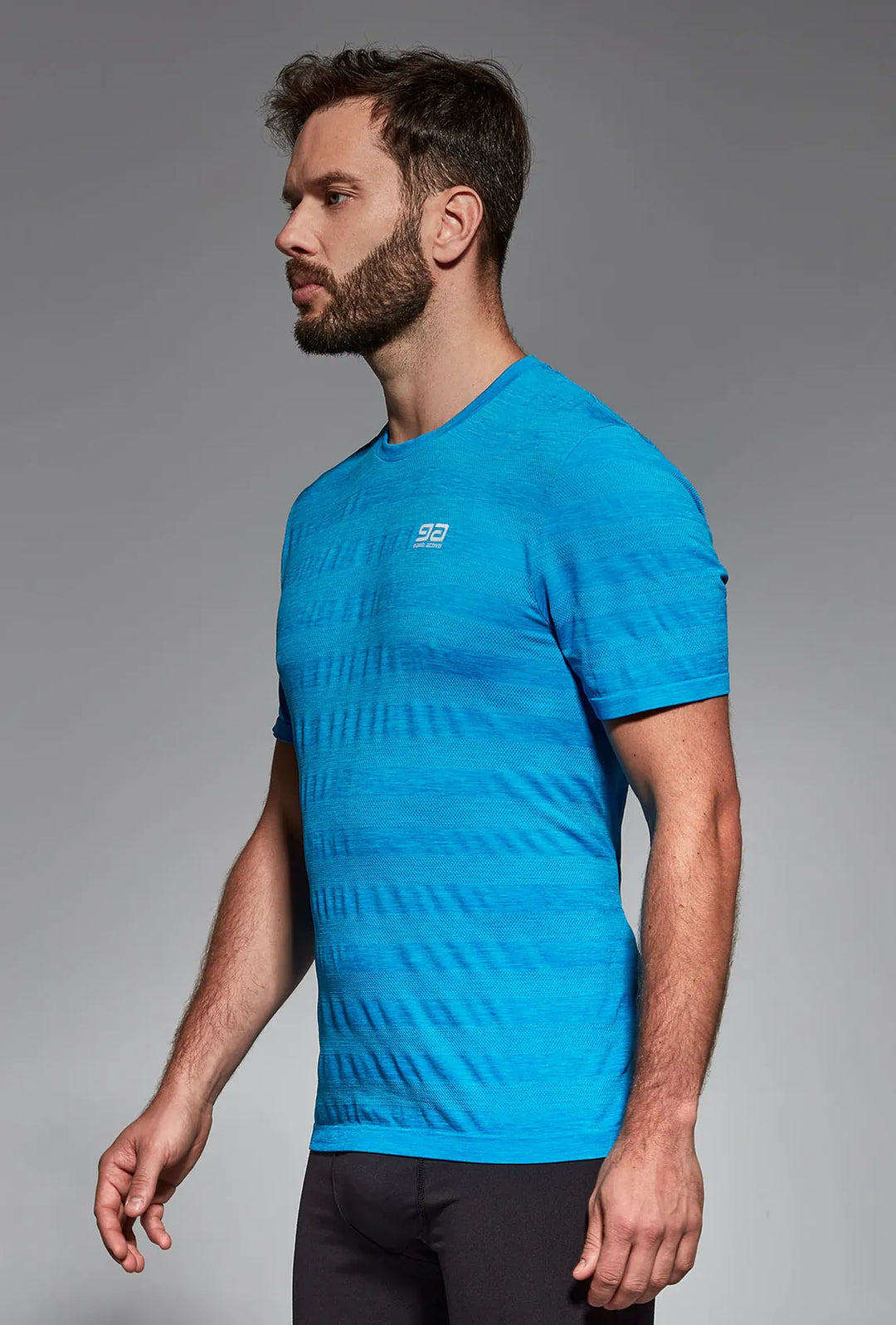 Blue training T-shirt side view, slim athletic fit