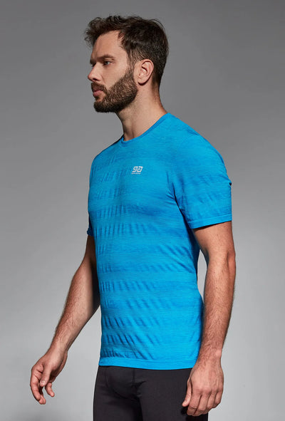 Blue training T-shirt side view, slim athletic fit
