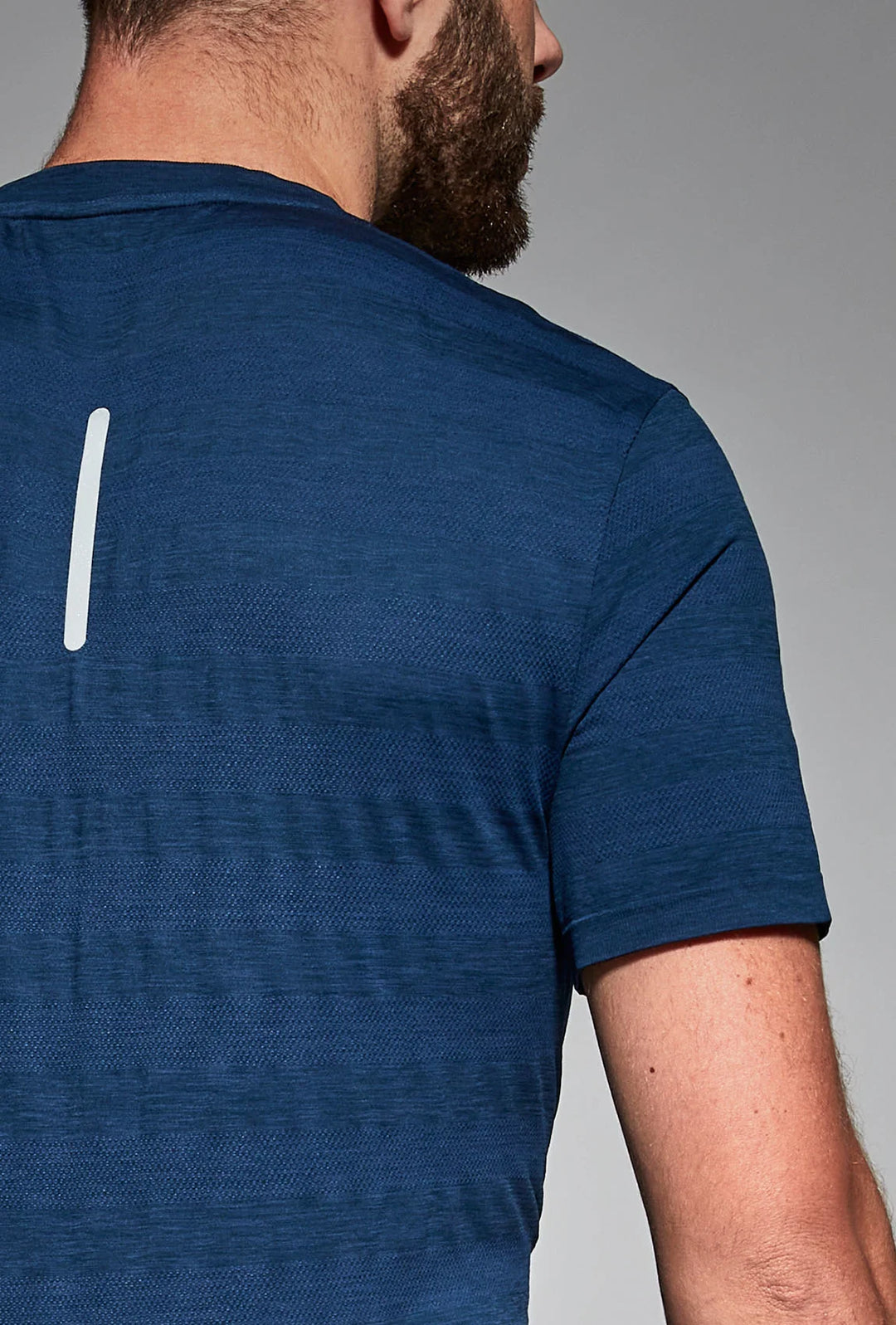 Navy blue gym top back view, full length
