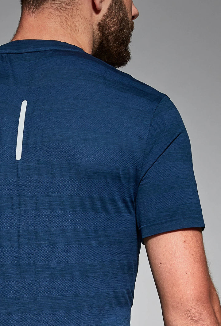 Navy blue gym top back view, full length

