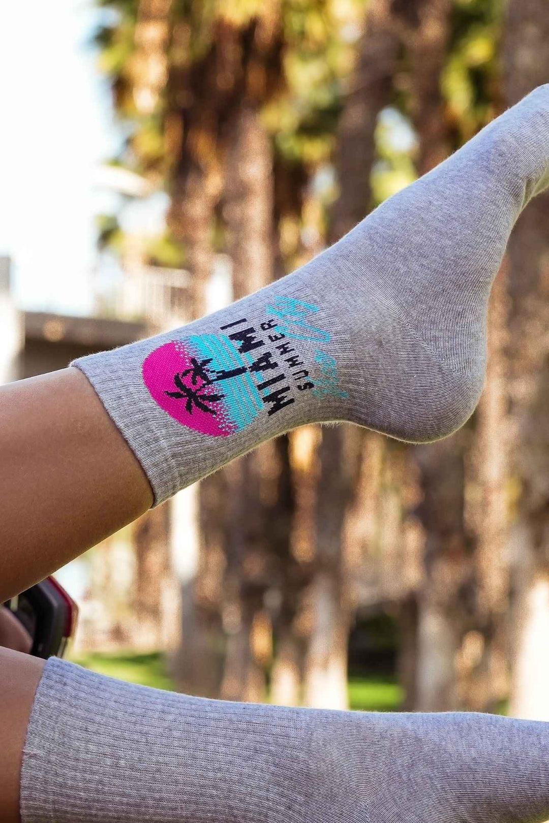 Light melange Miami Vice City cotton socks – second side angle showing print and sock length

