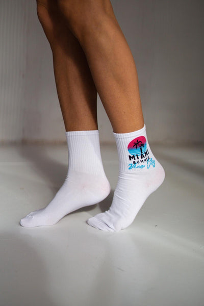 White cotton socks with Miami Vice City print – side view showing retro pattern and ankle fit
