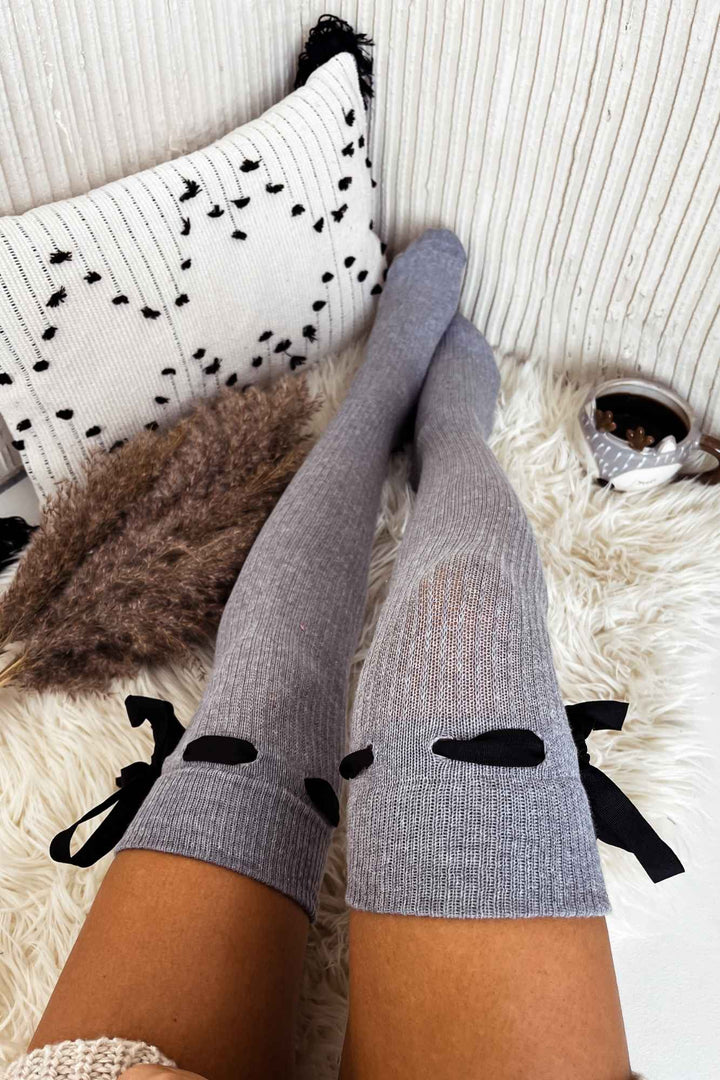 Light melange ribbed openwork over-knee socks with ribbon tie – second front angle showing knit texture and length
