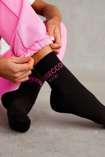 Black Prosecco Mood cotton socks – front view showing text print and sock silhouette
