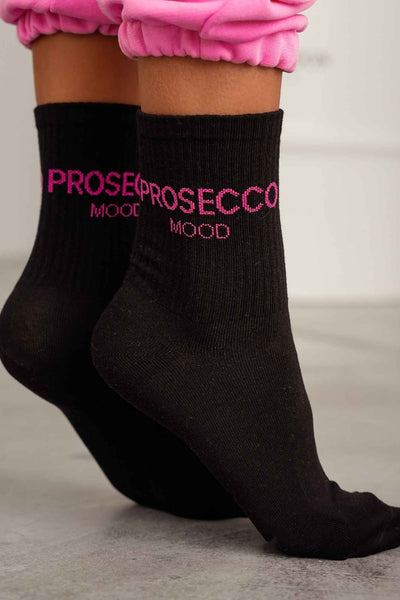 Close-up of black Prosecco Mood cotton socks – lettering and pattern detail on soft fabric
