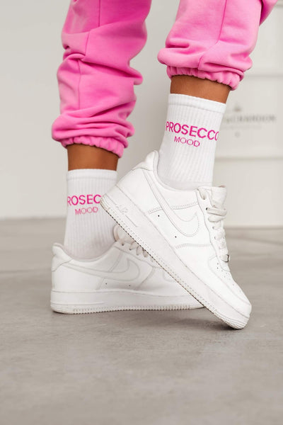White and pink Prosecco Mood cotton socks styled with shoes – side view showing pattern and length
