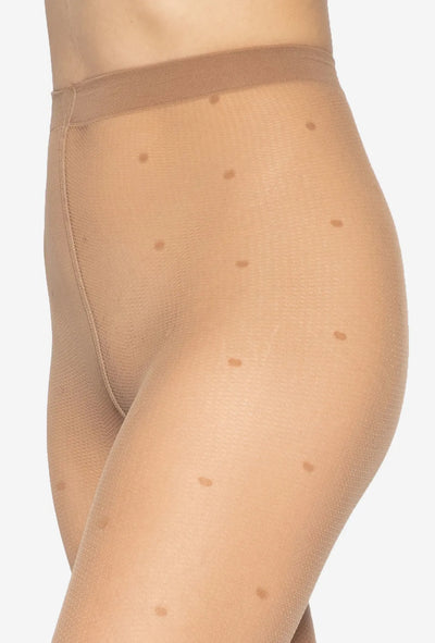 Gatta Funny sheer tights in tan, close view of the scattered dot pattern and flat waistband.