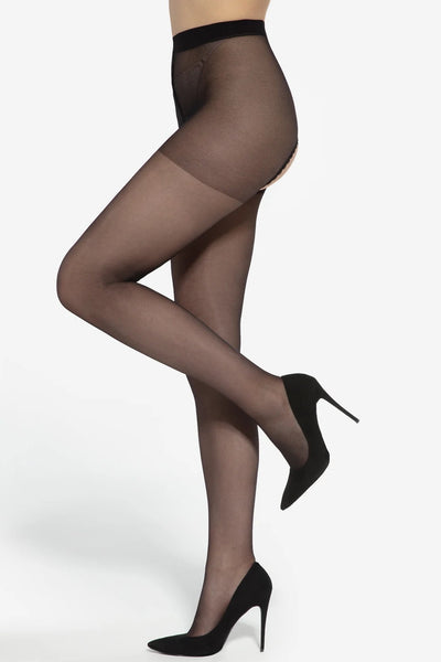 Bellona sheer black cutout tights, side profile with one leg raised and black court shoes.