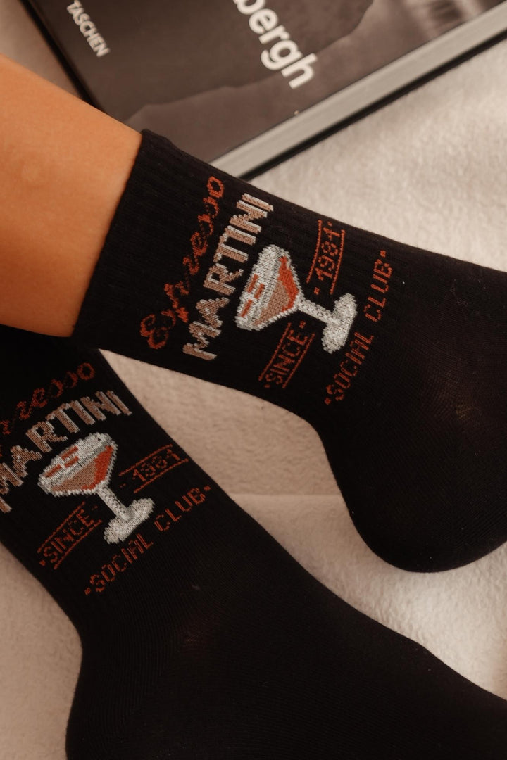 Close-up of Spanties Espresso Martini black cotton socks – espresso martini pattern detail
