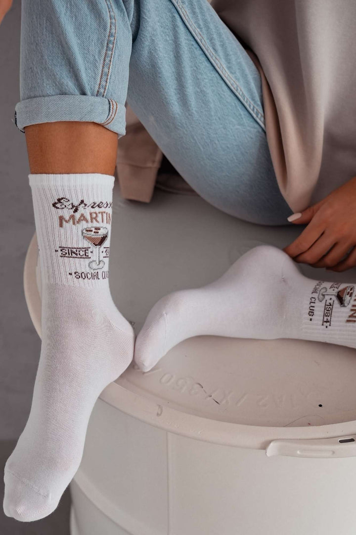 Spanties Espresso Martini cotton socks in white – front view, women's patterned cotton socks
