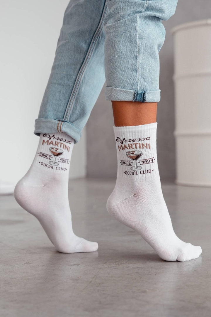 Spanties Espresso Martini cotton socks in white – side view showing pattern detail and fit
