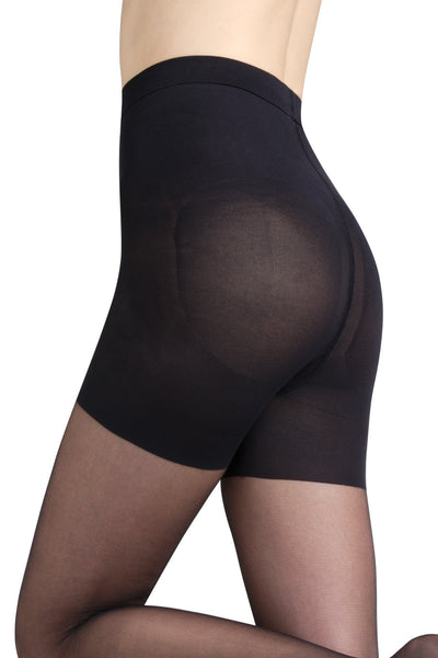 Close-up of the Bye Cellulite tights' opaque shaping panel over the hip and thigh.