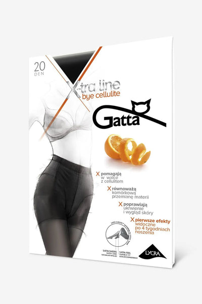 Gatta Bye Cellulite 20 DEN retail packaging, showing the X-tra Line design and Lycra logo.