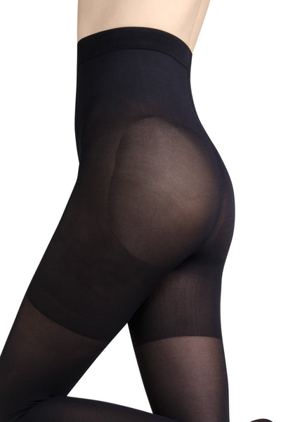 Close-up of the Bye Cellulite 50 DEN tights, showing the high waistband and shaping short.