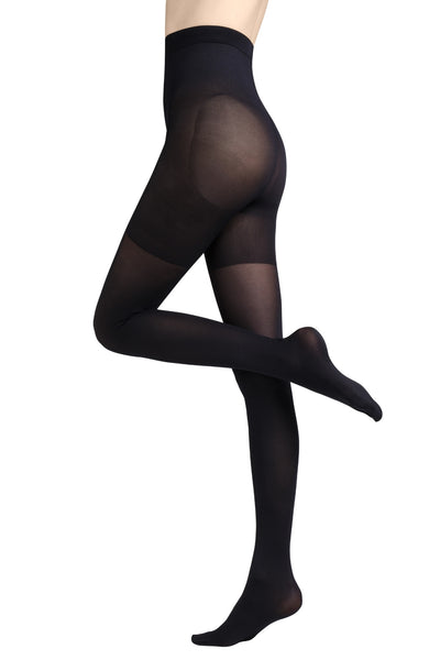 Gatta Bye Cellulite 50 DEN tights in black, side view with the opaque shaping panel at the hip.