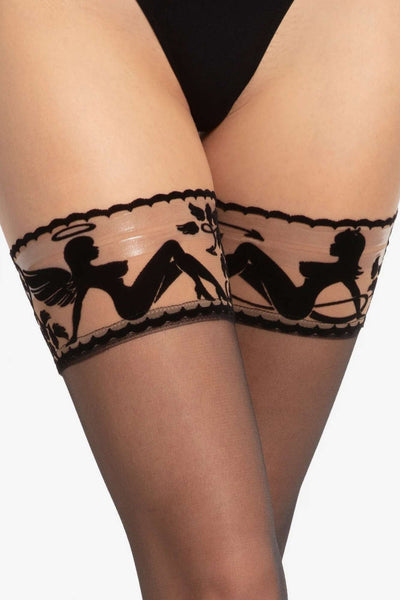 Devilia Angelia hold-ups, close view of the lace band with black angel and floral motifs.
