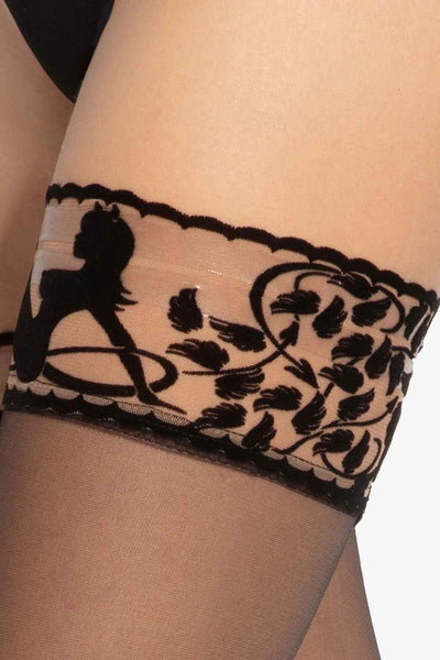 Close-up of the Devilia Angelia lace top band, showing the angel silhouette and leaf design.