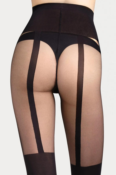 Close-up of the Girl-Up tights' mock suspender straps and opaque brief panel, back view.