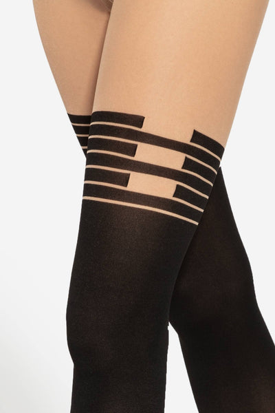 Close-up of the Girl-Up tights' striped mock stocking band across the thigh.