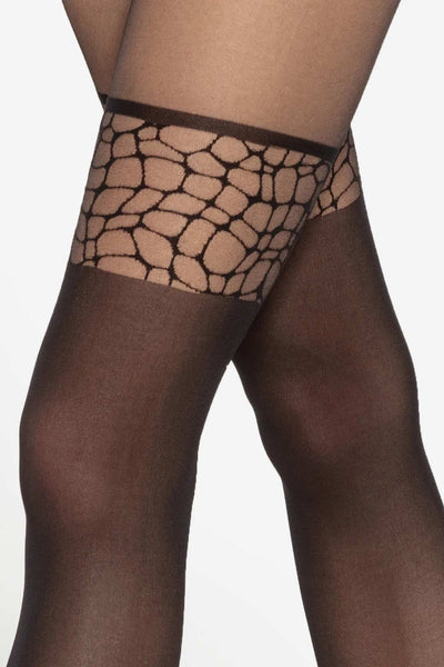 Close-up of the Girl-Up tights' webbed mock stocking band at the thigh.