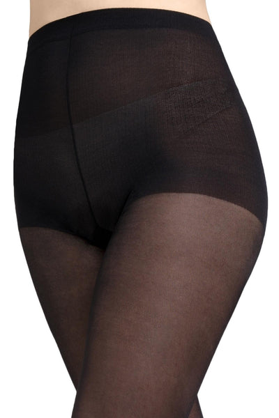 Close-up of the Laura 40 DEN tights, showing the opaque brief panel and flat waistband.