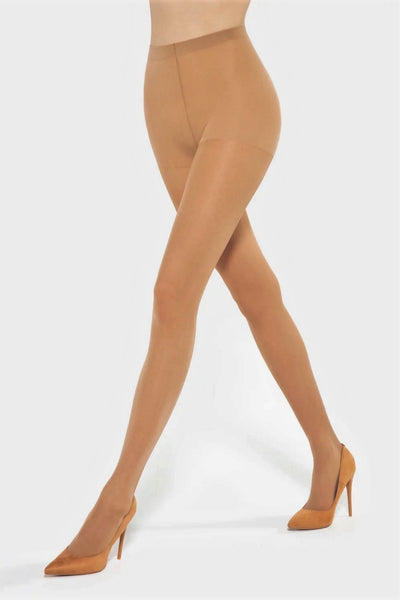 Gatta Laura classic tights 40 DEN in golden tan, front view worn with tan stiletto heels.