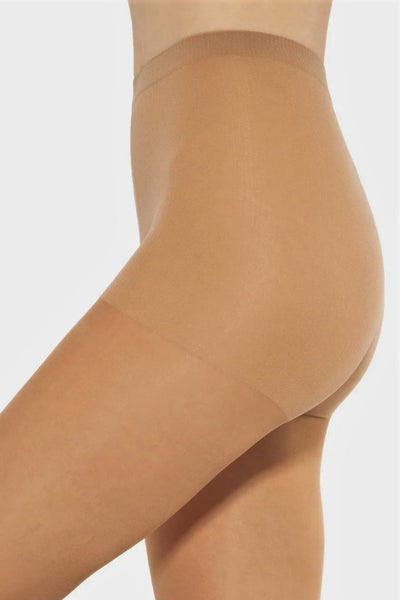 Close-up of the Laura golden tan tights at the hip, showing the smooth reinforced brief.